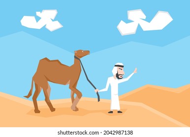 An illustration of an Arabic people and his camel in the desert