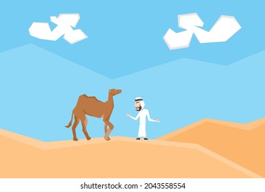 An illustration of an Arabic people and his camel in the desert