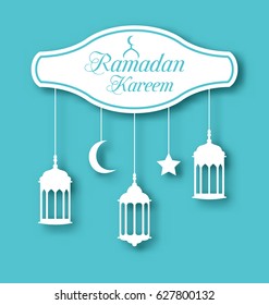 Illustration Arabic Simple Card for Ramadan Kareem with Lamps (Fanoos), Calligraphic Text - Vector