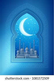 Illustration of arabic window, with mosque and crescent moon, background for ramadan kareem greeting cards, EPS 10 contains transparency.