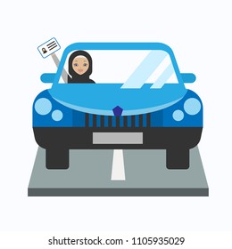 Illustration Of Arabic Woman Driving A Car. Vector Illustration.