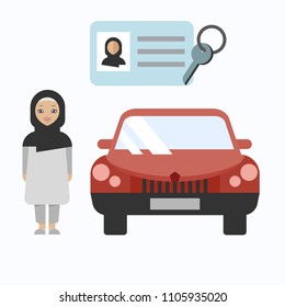 Illustration of arabic woman and a driving license. Vector illustration.