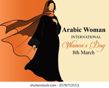 An illustration of an Arabic woman in traditional attire celebrating International Women’s Day on 8th March, with vibrant colors and flowing scarf design