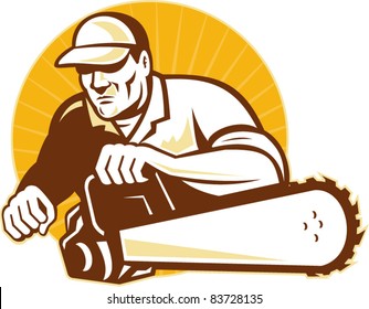 illustration of an arborist tradesman cutter holding a chainsaw viewed from front with sunburst and circle on isolated background