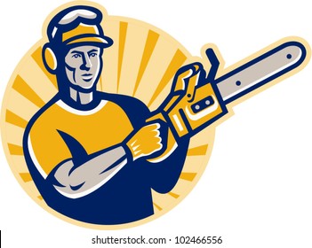 Illustration of an arborist tree surgeon cutter pruner with chain saw set inside circle done in retro style.