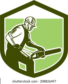 Illustration of arborist tree surgeon lumberjack holding a chainsaw set inside crest shield on isolated white background done in retro woodcut style. 