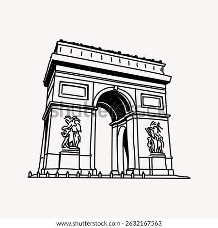 Illustration of the Arc de Triomphe, a famous Paris landmark. The Arc de Triomphe features detailed sculptures, representing French history and architecture. Line art illustration vector.