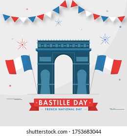 Illustration of Arc De Triomphe Monument with Wavy France Flags on Grey Background for Bastille Day, French International Day.