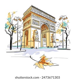 Illustration des Arc de Triomphe in Paris, Frankreich, mit Schnitzereien und umliegenden Bäumen