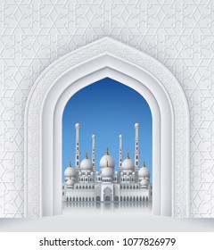 Illustration of arch with mosque, geometric pattern, background for ramadan kareem greeting cards, EPS 10 contains transparency. 