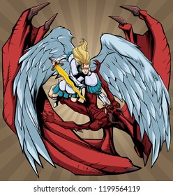 Illustration of Archangel Michael defeating Satan in fierce battle.