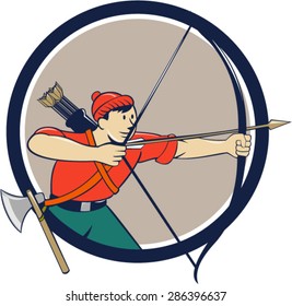 Illustration of an archer aiming with long bow and arrow viewed from side set inside circle done in cartoon style.