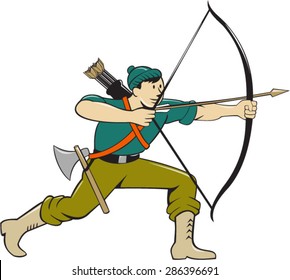 Illustration of an archer aiming with long bow and arrow viewed from side isolated background done in cartoon style.