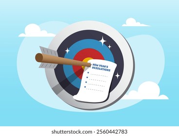 An illustration of Archer arrow with paper writing new year goals on bullseye target. Resolution at the beginning of the year, determination or inspiration to improve and success concept