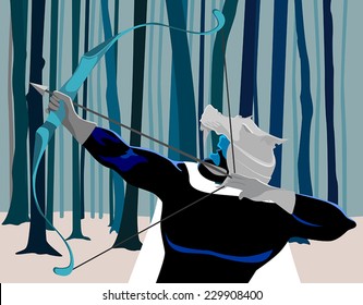 An illustration of archer hunting in the woods, aiming and preparing to release the string that is drawn back, to shoot his victim. Warrior Archer hunting in the forest