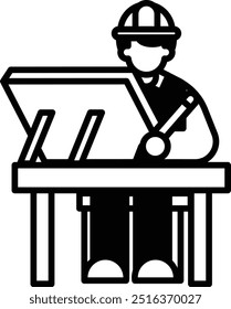 Illustration of an architect with a drafting table in line style.