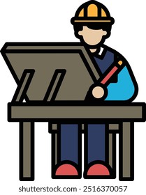 Illustration of an architect with a drafting table in line style.