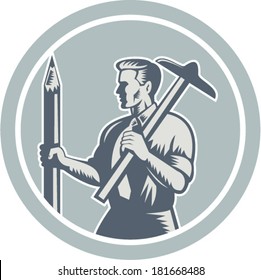 Illustration of an architect draftsman holding pencil and t-square viewed from side set inside circle on isolated background done in retro woodcut style.