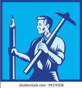 Illustration of an architect draftsman holding a pencil and t-square done in retro woodcut style set inside square.