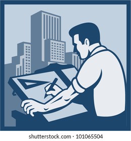 Illustration of an architect drawing drafting with buildings in background done in retro style.