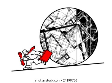 illustration of architect or engineer escaping in panic from a rolling ball made of projects and the architect is holding red suitcase and rolled project or blueprints in his hands