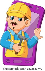 The illustration of the architect using the yellow helmet came out from the purple mobile smartphone