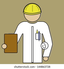 illustration of architect with yellow helmet and arms flat on reviewing its inventory table
