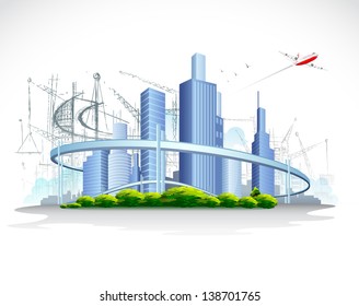 illustration of architectural building with flying airplane