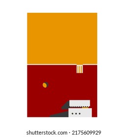 Ilustración de la arquitectura de un edificio sencillo de tres colores minimalistas frente a una gran pared con un pequeño objeto comercial en el borde de la carretera 