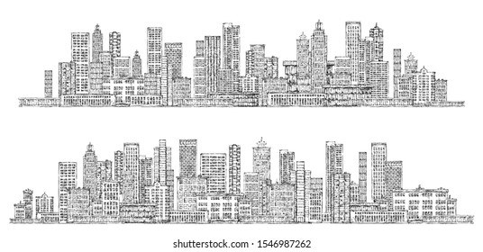 Illustration with architecture, skyscrapers, megapolis, buildings, downtown.