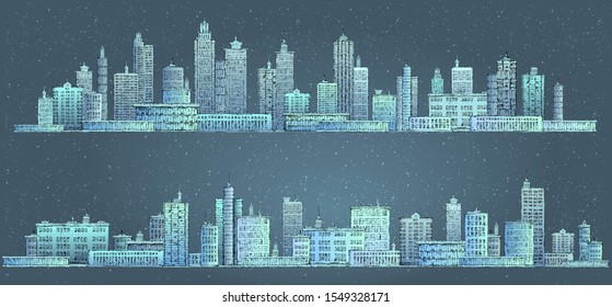 Illustration with architecture, skyscrapers, megapolis, buildings, downtown.