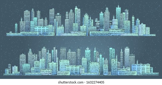 Illustration with architecture, skyscrapers, megapolis, buildings, downtown.