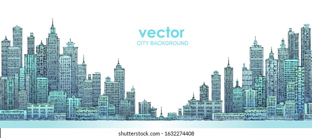 Illustration with architecture, skyscrapers, megapolis, buildings, downtown.