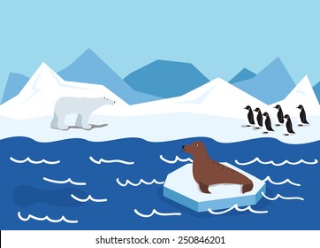 illustration of Arctic animals, penguin, polar bear and seal