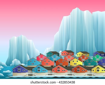 Illustration of arctic greenland town with bright houses. Vector winter landscape.