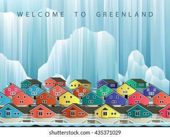 Illustration of arctic greenland town with bright houses. Vector winter landscape.