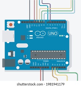 Illustration of Arduino circuits showing analog and digital IO connections with colorful wires and components. Represents hardware-software integration for system development. Isolated on white. EPS