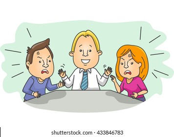 Illustration of an Arguing Married Couple Being Pacified by a Mediator