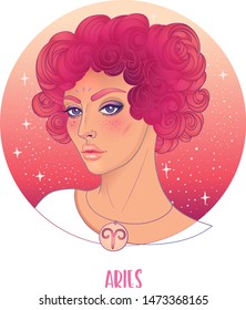 Ilustración de Aries como una bella chica. Ilustración vectorial de zodiaco aislada en blanco. Cuento futuro, horóscopo, alquimia, espiritualidad, ocultismo, mujer de moda.