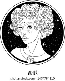 Ilustración de Aries como una bella chica. Dibujo del vector zodiaco aislado en blanco y negro. Futuro, horóscopo, alquimia, espiritualidad. Libro de colorantes para adultos.