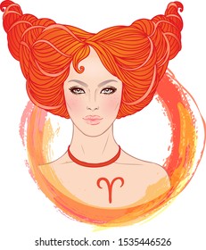 Illustration of Aries astrological sign as a beautiful girl. Zodiac vector illustration isolated on white. Future telling, horoscope, alchemy, spirituality, occultism, fashion woman.