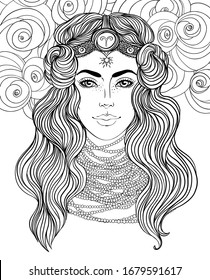 Illustration of Aries astrological sign as a beautiful girl. Zodiac vector drawing isolated in black and white. Future telling, horoscope, alchemy, spirituality. Coloring book for adults.