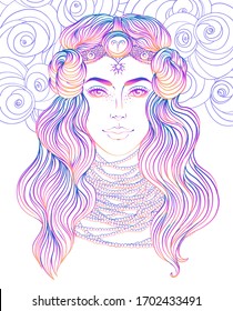 Illustration of Aries astrological sign as a beautiful girl. Zodiac vector gradient drawing isolated over white. Future telling, horoscope, alchemy, spirituality. Coloring book for adults.