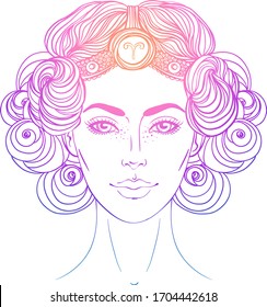 Ilustración de Aries como una bella chica. Dibujo de degradado de vector zodiaco aislado sobre blanco. Futuro, horóscopo, alquimia, espiritualidad. Libro de colorantes para adultos.