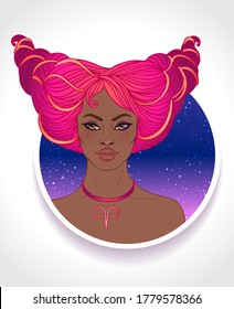 Ilustración de la señal astrológica de Aries como una hermosa niña afroamericana. Ilustración del vector zodiaco aislada en blanco. Futuro narrativo, horóscopo, alquimia, espiritualidad, mujer negra de moda.