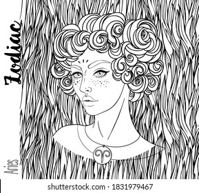 Illustration of Aries astrological sign as a beautiful girl. Zodiac vector drawing isolated in black and white. Future telling, horoscope, alchemy, spirituality. Coloring book for adults.