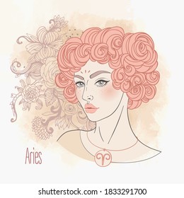 Illustration of Aries astrological sign as a beautiful girl. Zodiac vector drawing isolated in pastel shades. Future telling, horoscope, alchemy, spirituality. 