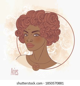 Illustration of Aries astrological sign as a beautiful African American girl. Zodiac vector illustration isolated on white. Future telling, horoscope, alchemy, spirituality, fashion black woman.