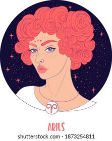 Illustration of Aries astrological sign as a beautiful girl. Zodiac vector illustration isolated on white. Future telling, horoscope, alchemy, spirituality, occultism, fashion woman.