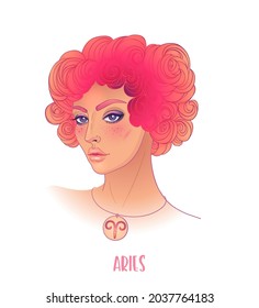 Ilustración de Aries como una bella chica. Ilustración del vector zodiaco aislada en blanco. Futuro, horóscopo, alquimia, espiritualidad, ocultismo, mujer de la moda.